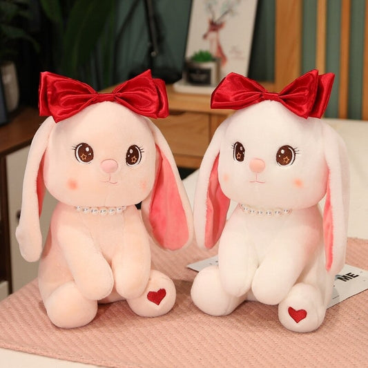 Doudou Lapin Gros Yeux Nœud Rouge